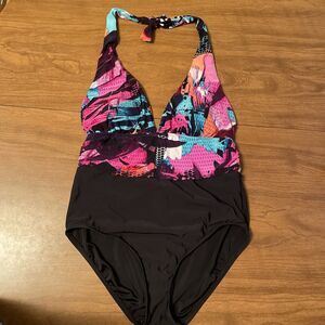 Women’s Aqua Green Brand One Piece Halter Swimsuit Black And Abstract Print Sz L